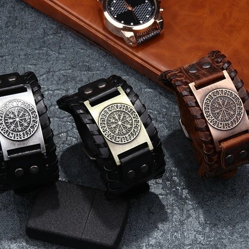 Wide leather viking compass - leather,