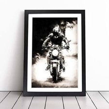Motorbike Rider in Sepia in Abstract Framed Canvas Wall Art Print Poster Picture