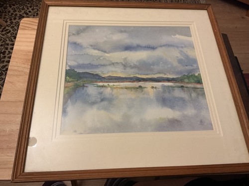 Framed watercolour a lake - a,