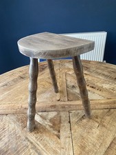 Vintage French Wooden Bobbin Milking Stool With A Half-Moon Shaped Seat - (VGC)