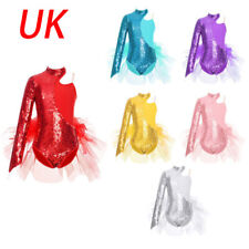 UK Girls Sequins Feather Tulle Skirted Leotard Jumpsuit Latin Jazz Dance Costume