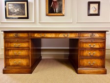 ANTIQUE STYLE MAHOGANY TWIN PEDESTAL PARTNERS DESK TAN LEATHER TOP BEVAN FUNNELL