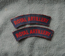 WW2 Era Pair British Army Royal Artillery Printed Shoulder Titles Red On Blue