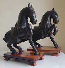Pair of Cast Bronze Chinese Tang Horses Vintage Heavy Desk Sculptures VGC