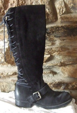 MODA IN PELLE LONG BLACK LEATHER SUEDE ZIP GRANDA BOOTS LACE UP BACK SZ 38 5