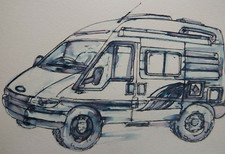 Pen & ink wash drawing of a Transit auto-sleeper camper van on watercolour paper