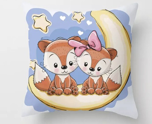 Pair foxes moon cushion - on,
