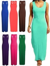 Women's Ladies Long Maxi Dress Plain Racer Muscle Back Vest Stretch Jersey