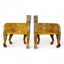 Pair of Indian Wooden Carved Hand Painted Vintage Style Tiger Chairs