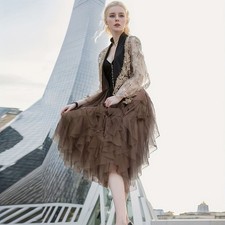 Women Ruffle Tulle Mesh Tutu Maxi Skirt High Waist Sheer Mesh Pleated Long Dress