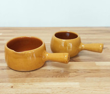 Pair of Mustard Studio Pottery Handled Soup Bowls Rustic Glazed Stoneware