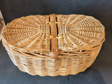 VINTAGE MEDIUM SIZE OVAL RUSTIC WOVEN WICKER DOUBLE HINGED BASKET