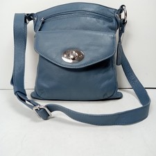 Pia  Genuine Leather Crossbody Bag Grey-Blue Pebbled Turn-Lock Shoulder
