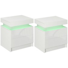 HOMCOM White Bedside Table, High Gloss Front Nightstand w/ LED Light, 2 Drawers