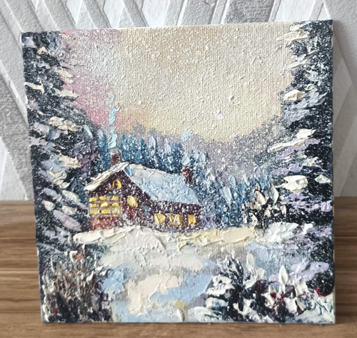Snow cabin oil painting - cabin,