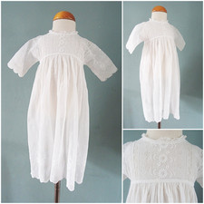 Antique Babys Dress Gown Victorian Edwardian Floral Embroidered Muslin Lace A