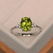 2.15 Ct Oval Cut Natural Peridot & Diamond Wedding Ring 14k White Gold Size 8
