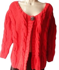 Vintage Poppy Red Aran Cables WARM soft wool Cardigan S UK 10 HAND KNIT Exc