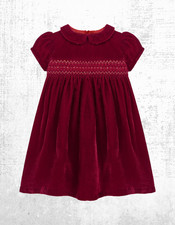 JOJO Maman Babe Velvet Dress Red Peter Pan Collared Short Sleeve Smocked Detail