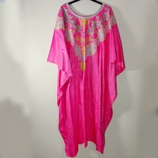 Cover-up / Kaftan, Pink With Embroidery Round Neck, Damask Fabric, One Size
