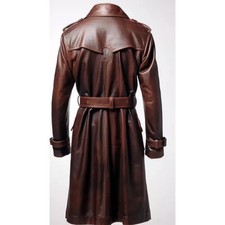 Men's Brown Leather 100% Real Lambskin Trench Coat Stylish Winter Wear 100% Good