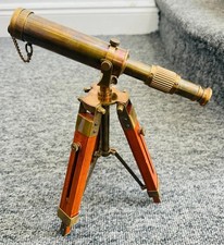 Vintage Brass Nautical Telescope with Wooden Tripod Stand Antique Maritime Decor