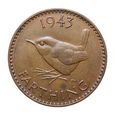 1943 Great Britain 1 Farthing Coin – George VI Bronze – Wren Reverse – UK Z3279