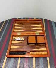 Wooden Travel Backgammon Box with Wood Inlaid Pieces Complete Size 11” x 9” 