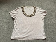 CC Country Casuals beige cotton t shirt bead embroidered neckline large 14/16