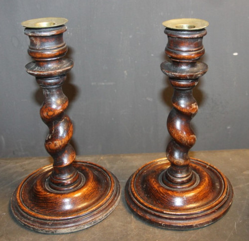 Pair vintage oak barley - pair,