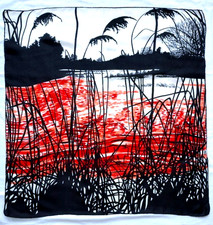 Vintage silk scarf - riverbank sunset silhouette print - 30 x 30 ins