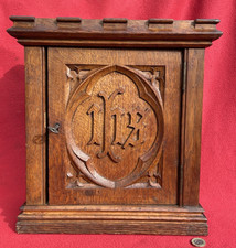 Late 19th / Early 20th Century Oak Hand Carved IHS Church Sacristy Storage Box