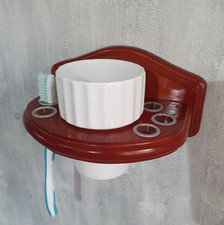 Vintage Wall Mounted Toothbrush Holder Wooden with Ceramic Cup Retro 1990s