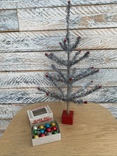 Vintage Silver Wired Tinsel Table Top Christmas Tree & 12 Mini Glass Baubles Box