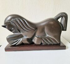 Antique Art Deco Cold Cast Bronze Recumbant Stylised Horse Sculpture Wood Plinth