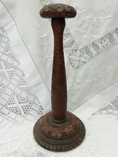 Antique Kashmir Wooden Hat Wig Stand Carved Hand Painted Circa 1900
