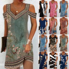 UK Womens Cold Shoulder V Neck Print Dress Ladies Summer Boho Sundress Plus Size