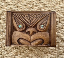 Vintage New Zealand Tiki Maori Wooden Box Hand Carved Rotorua Paua Shell Eyes