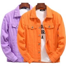 Mens Orange Baggy Casual Denim Jacket Punk Hip Hop Coat Lapel Long Sleeve Cowboy