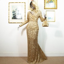 Vintage 1980s Gold Sequin Long-Sleeve Gown – Hollywood Glamour – Draped Size M