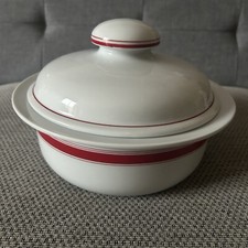 Vintage Freiberger Porcelain Ofenfest Lidded Casserole Pot White And Red Stripe