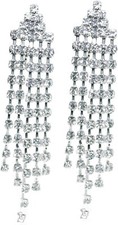 Clip On Earrings Diamante Silver Long Dangle Drop Tassel Crystal Non Pierced Ear