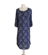 BRORA WOMENS BLUE/WHITE FLORAL PATTERN TUNIC LOOSE SMOCK DRESS LAGENLOOK-UK 8-10
