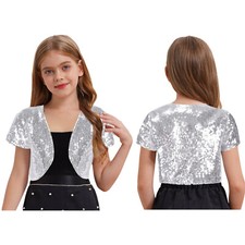 Kids Girls Shiny Sequin Shrug Short Sleeve Open Front Cardigan Princess Cover up