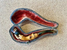 Antique carved hand Meerschaum and amber smoking pipe in lined case