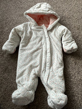 M&S Cream Pink Green Floral  All in one Hooded Thick Snowsuit 0-3 Months