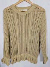 Zara Jumper Gold Metallic Pointelle Knit Ruffle Size Medium 