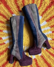 70s Vintage Navy, Green, Brown & Wine Suede Panel Platform Boots Glam Psych Mod