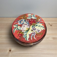 Antique Round Stool Woven Wood Cottage Furniture Vintage Floral Embroidered Top