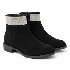 Ladies Ankle Boots Diamante Low Block Heel Faux Suede Flat Zip Shoes UK Sizes